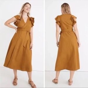 Madewell  Antique Gold Linen-Blend Ruffle-Sleeve Wrap Midi Dress. Medium